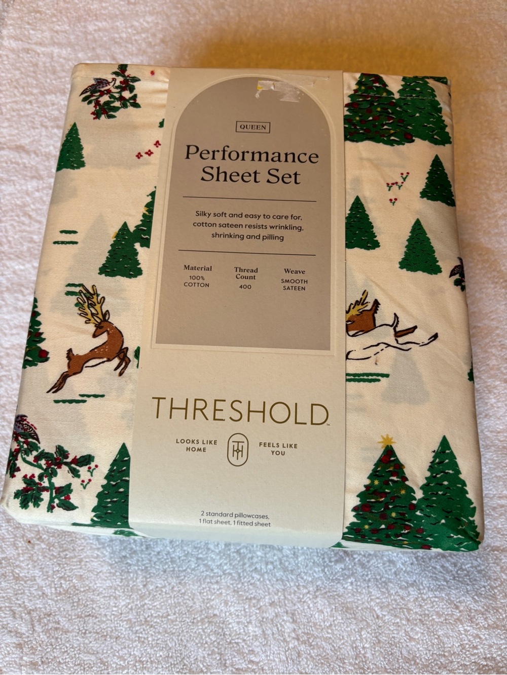 Threshold Holiday Tree & Reindeer Sheet Set - Green & White NEW